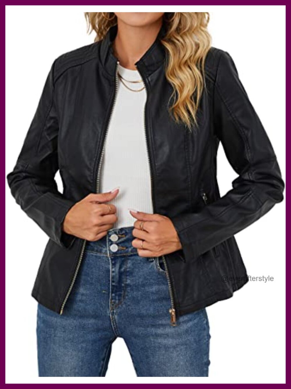 Faux Leather Moto Biker Jacket Stand Collar Zip Women's Lightweight